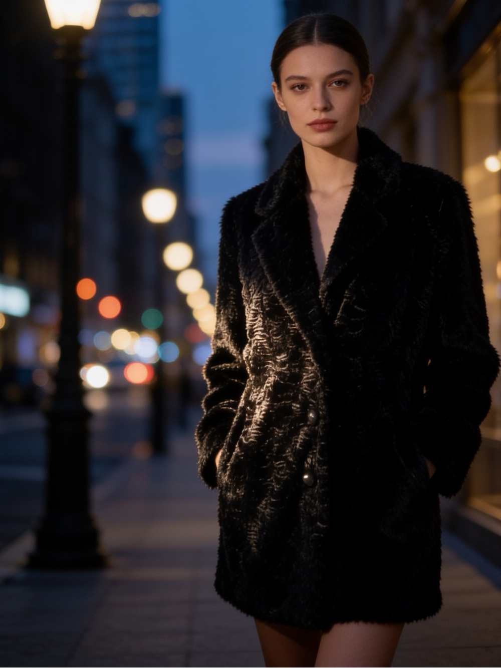 Carina Vintage 90’s Faux Lamb Fur Coat, black velvet textured plush,soft luxe